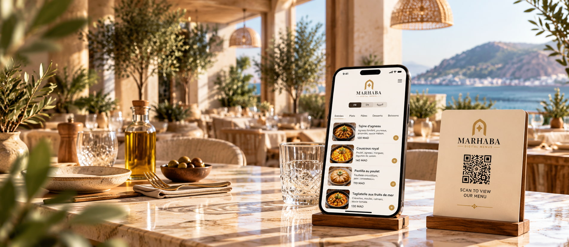 MarhabaMenu digital menu experience on luxury restaurant terrace